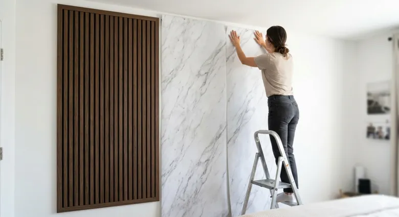 Applying marble contact paper wallpaper