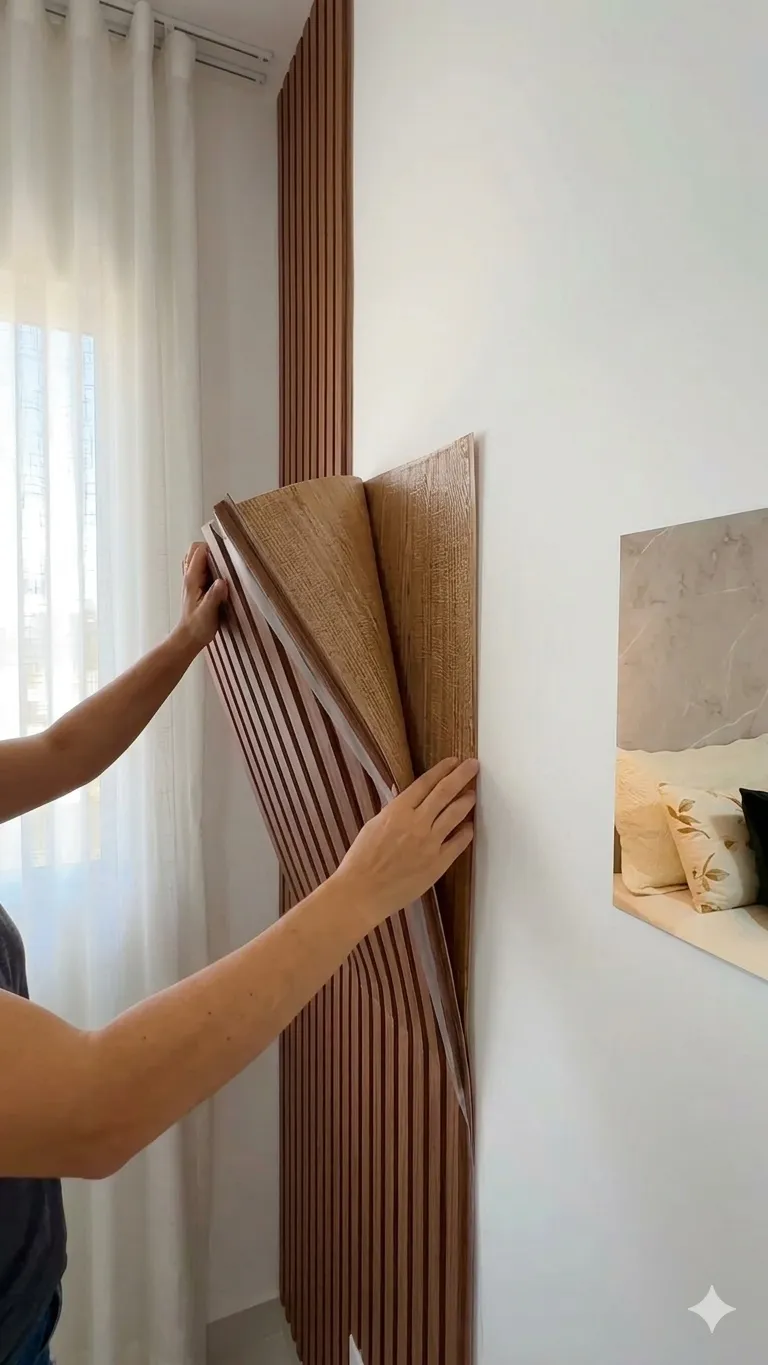 Installing peel and stick wood slat panels